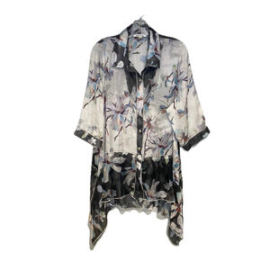 Womens Sheer Collered Button Down Long Floral Print Blouse Size XL